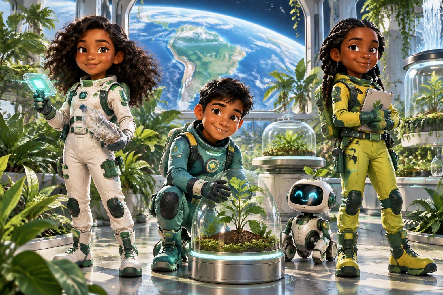 Guardianes explorando un laboratorio botánico espacial: una exploradora, un cuidador de plantas y una investigadora