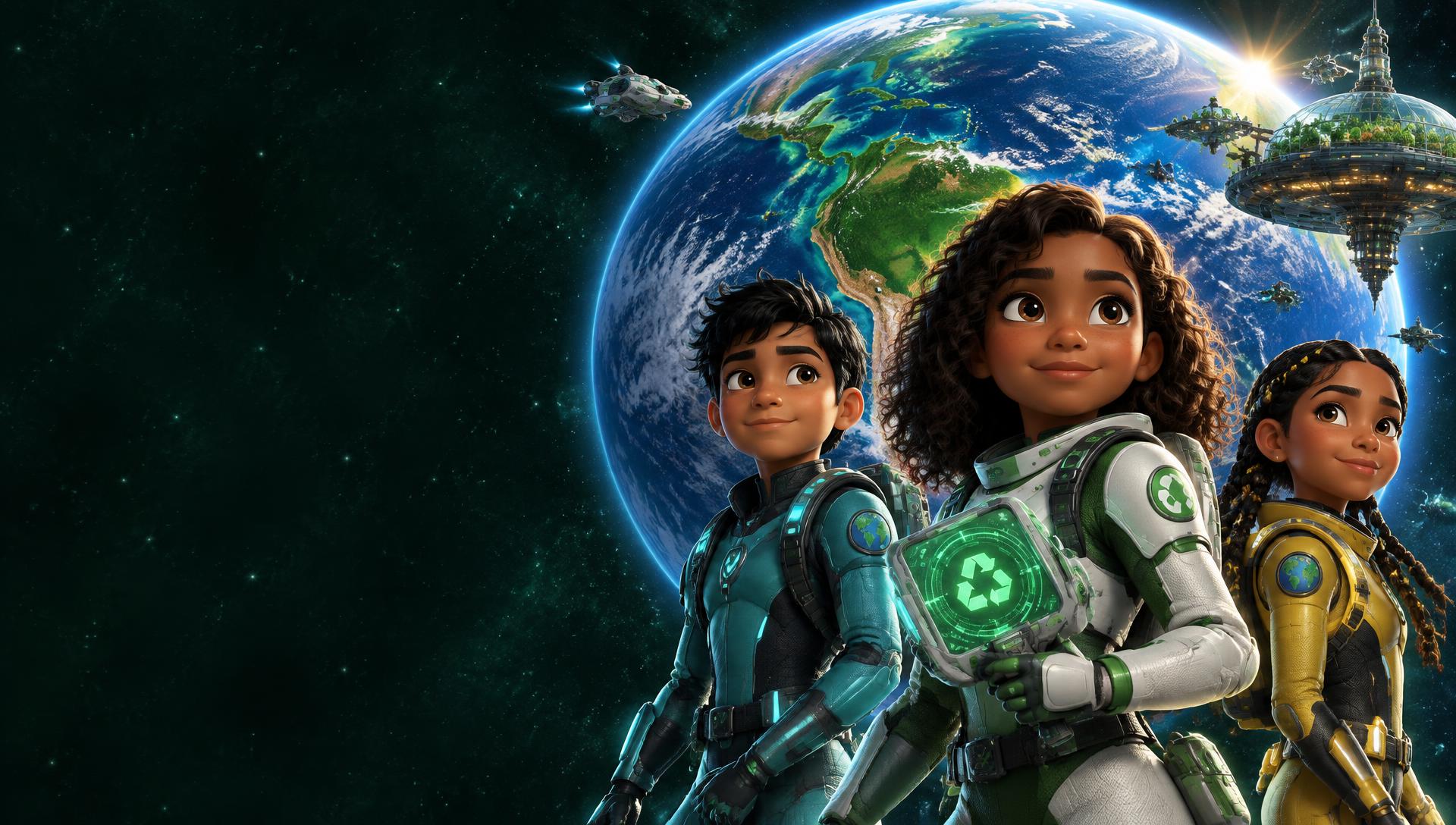 Tres guardianes astronautas de Planeta 8 frente a la Tierra y una estación espacial verde